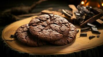 eigengemaakt chocola koekje Aan rustiek hout tafel een zoet foto