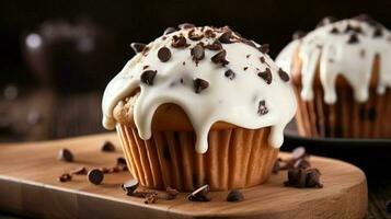 eigengemaakt chocola spaander muffin met romig suikerglazuur Aan houten tafel foto