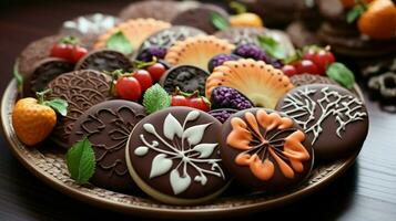 eigengemaakt fijnproever koekjes gebakken met chocola en fruit foto