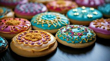 eigengemaakt fijnproever koekjes met kleurrijk suikerglazuur een zoet foto
