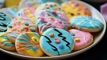 eigengemaakt fijnproever koekjes met kleurrijk suikerglazuur een zoet foto