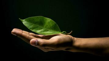 menselijk hand- Holding groen blad symboliseert milieuvriendelijk foto