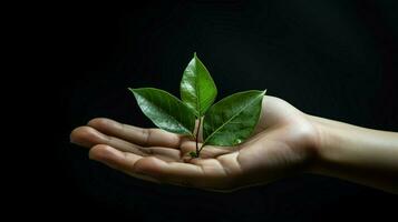 menselijk hand- Holding groen blad symboliseert milieuvriendelijk foto