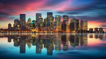 verlichte stad horizon weerspiegelt Aan waterkant Bij schemer foto