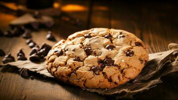 toegeeflijk eigengemaakt chocola spaander koekje Aan rustiek hout foto