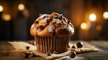 toegeeflijk eigengemaakt chocola spaander muffin met rustiek decor foto
