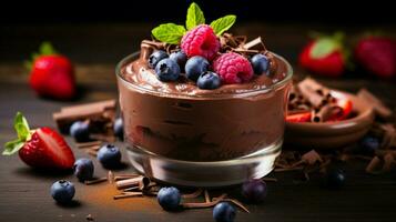 toegeeflijk eigengemaakt chocola mousse met vers BES fruit foto