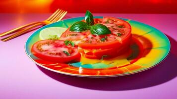 sappig rijp tomaat plak Aan levendig multi gekleurde salade foto