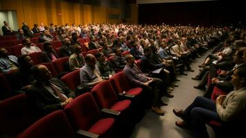 groot groep van mensen zittend in auditorium aan het kijken foto