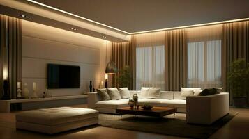 luxe modern leven kamer verlichte door verlichting uitrusting foto