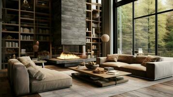luxe modern leven kamer met rustiek elegantie foto