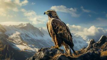 majestueus vogel van prooi neerstrijken Aan berg top foto