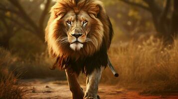 majestueus leeuw wandelen door de Afrikaanse savanne foto