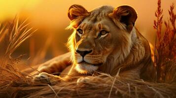majestueus leeuwin resting in de met gras begroeid savanne Bij zonsondergang foto
