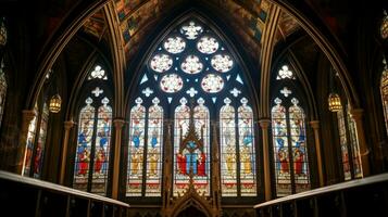 middeleeuws kapel met gotisch architectuur gebrandschilderd glas foto