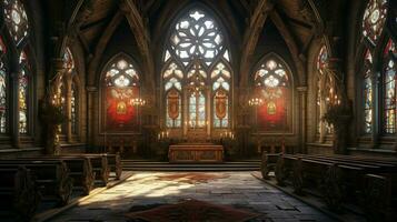 middeleeuws kapel met gotisch architectuur gebrandschilderd glas foto