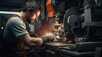 metaal arbeider gebruik makend van machinerie in industrieel werkplaats foto