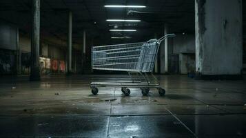 metalen boodschappen doen kar in leeg supermarkt foto