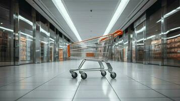 metalen boodschappen doen kar in leeg supermarkt foto