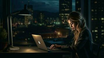 modern zakenvrouw typen Aan laptop Bij bureau in donker uit foto