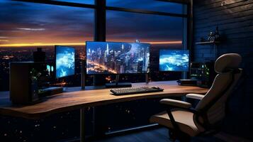 modern huis kantoor met verlichte computer toezicht houden op foto
