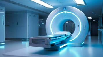 modern ziekenhuis machinerie verlicht blauw mri scanner foto