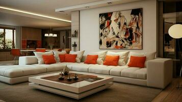 modern leven kamer met elegant decor en comfortabel foto