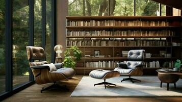 modern luxe huis bibliotheek met comfortabel fauteuil foto