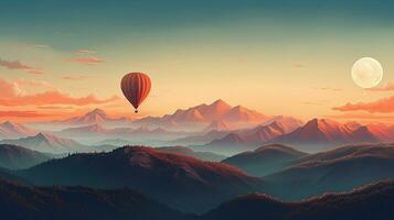 berg landschap met heet lucht ballon Bij dageraad foto