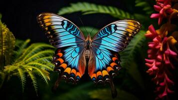 multi gekleurde vlinder dichtbij omhoog in levendig natuur foto