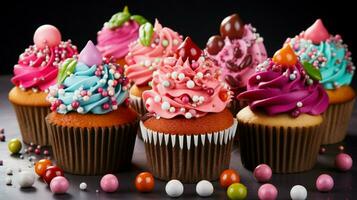 multi gekleurde fijnproever cupcakes met zoet suikerglazuur en schattig foto