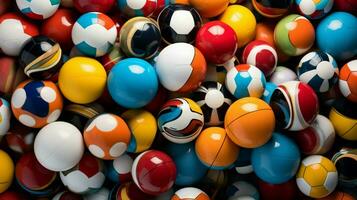 multi gekleurde bollen van sport ballen in overvloed buitenshuis foto
