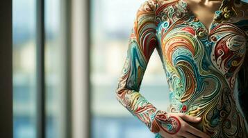 multi gekleurde textiel patroon Aan elegant jurk foto
