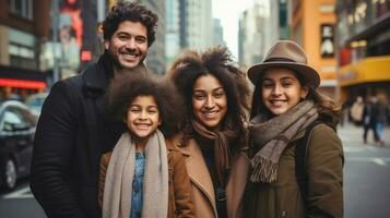 multi etnisch familie glimlachen genieten van stad leven samen foto