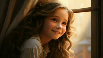een schattig meisje met bruin haar- op zoek door venster glimlachen foto