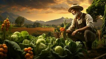 een boer oogsten vers biologisch groenten buitenshuis foto
