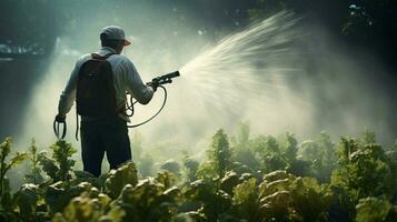 een Mens sproeien water Aan groeit planten foto