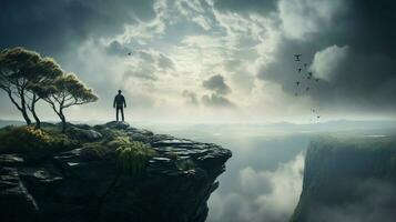 een Mens staand Aan klif genieten van eenzaamheid foto