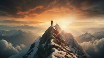 een persoon wandelen berg top behaalt succes foto