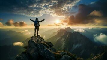 een persoon wandelen berg top genieten van vrijheid foto