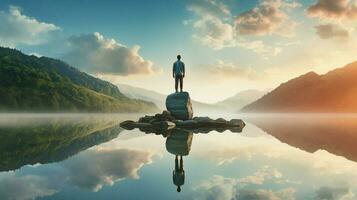 een persoon mediteren staand Aan rots reflecterend foto