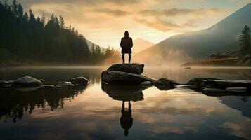 een persoon mediteren staand Aan rots reflecterend foto