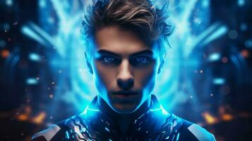 een jong Mens futuristische blauw verlichte achtergrond foto