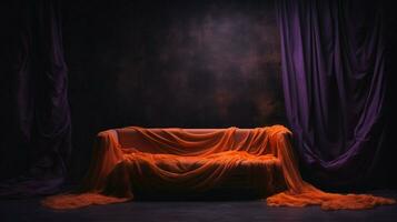 oranje en Purper kleding stof in een donker kamer foto