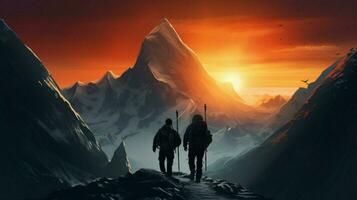 buitenshuis avonturiers wandelen naar berg top zonsopkomst foto