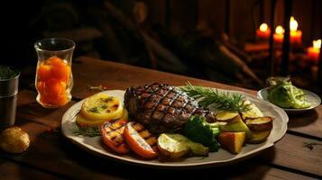 rustiek gegrild vlees en groente maaltijd Aan houten tafel foto