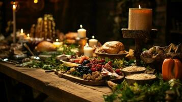 rustiek maaltijd viering Aan houten tafel decoratie foto