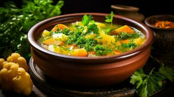 rustiek groente soep met gekookt wortel aardappel en vers foto