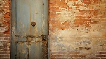 roestig oud deur met steen muur en metaal deurknop foto