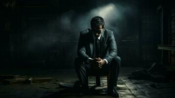 verdrietig zakenman zit alleen in donker eenzaamheid foto